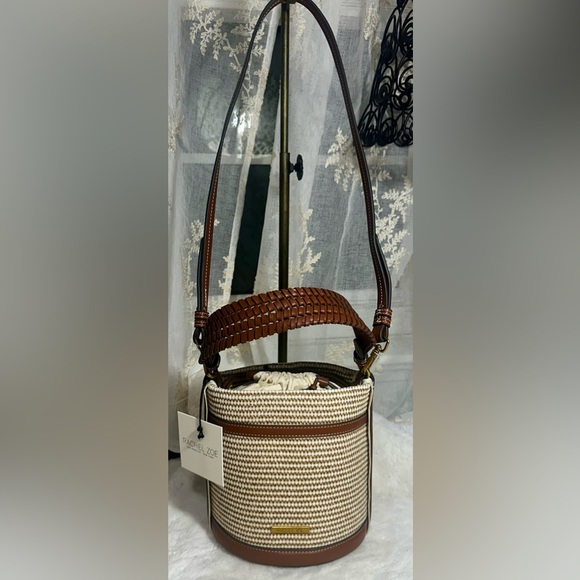 Rachel Zoe bucket weave brown and cream tote with removable crossbody strap